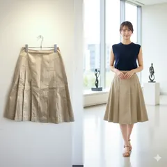 美品✨ ヒロコビス HIROKO BIS フレア スカートひざ下丈 プリーツ Aライン ベージュ 無地 上品 きれいめ 大人コーデ 大人可愛い カジュアル 日本ブランド 裏地 体型カバー 麻混 リネン混