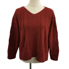 グローバルワーク GLOBAL WORK セーター ニット プルオーバー Vネック ケーブル編み リブ M エンジ 赤 レッド