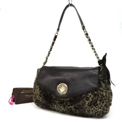 OL25015 美品 kate spade NEW YORK ケイトスペード チェーン ファーバッグ トートバッグ ショルダーバッグ フェイクファー×レザー レオパード ヒョウ柄 リボン付き グレーベージュ×黒
