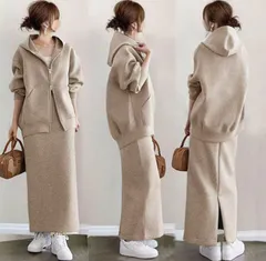 セットアップ レディース カジュアル きれいめ ジップアップ パーカー スカート 2点セット ジャージ 上下セット ファスナー ロングスカート ベージュ　グレー　無地 ゆったり ストレート オシャレ 通勤 通学 韓国 30代 40代 50代min#