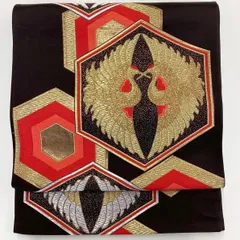 ［6268］袋帯 向かい鶴亀甲文様 金銀糸 六通 正絹 着物 フォーマル 黒