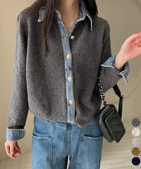 デニム切り替えニットカーディガン