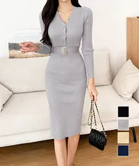 リブニットタイトワンピースウエストベルト