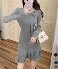 プリーツ裾 長袖リブニットワンピース上品