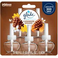 Glade PlugIns Refills Air Freshener, Scented and Essential Oils for Home and Bathroom, Cashmere Woods, 3.35 Fl Oz, 5 Count 