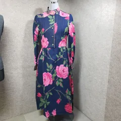 伊太利屋　レトロ　 花柄ワンピース ロング丈 刺繍装飾 ネイビー×ピンク系 　u7137s