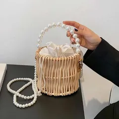 かごバッグ バケツ型 未使用 巾着 内袋 レディース カゴバッグ 編み柳 天然素材 パール 持ち手 ショルダー バッグ 小さめ 大容量 自立 軽量