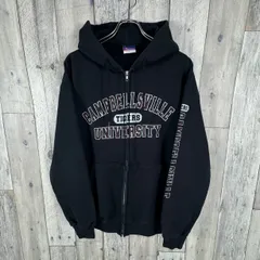 OLD Champion 90s チャンピオン CAMPBELLSVILLE UNIVERSITY 3列 プリント ブラック 裏起毛 フルジップ カレッジ スウェット スエット パーカー メンズ L サイズ 017