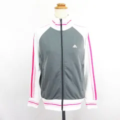 アディダス adidas ジャージ ジャケット 長袖 ジップアップ ライン ロゴ M グレー×ホワイト×ピンク スポーツウェア ※EKM