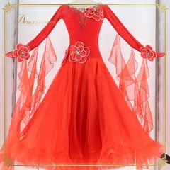 社交ダンス 衣装 スタンダードドレス ドレス ワンピース スタンダード 赤 デモ 競技 ダンス パーティ 発表会 フリル フロート レース 花 ボリューム 綺麗 高級感 レッド系 大きな花モチーフ パール スカート3枚重ね ステージ衣装 輝き おしゃれ
