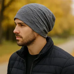 【新品】ビーニー ニット帽 グレー 幾何学模様 スラウチ 薄手 ユニセックス フリーサイズ 秋冬 帽子