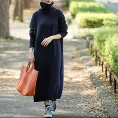 ADAM ET ROPÉ  アダムエロペ ウールビッグタートルニットワンピース ネイビー