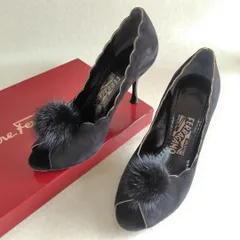 Salvatore Ferragamo フェラガモ パンプス 23cm オープントゥ ヌバック ファー 2way 黒 レディース靴