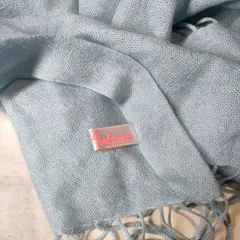 15【美品】大判 ストール 水色 くすみブルー スカーフ フリンジ カシミヤ 婦人 レディース 服飾小物 マフラー