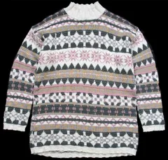 80s USA製 L.L.Bean 雪柄 ノルディック柄 モックネック コットンニット セーター L★オールド ビンテージ フェアアイル アウトドア 総柄
