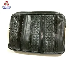 【中古】ボッテガヴェネタ イントレチャート テックストライプ セカンドバッグ 黒　カードケース付 ブラック メンズ カバン 鞄  BOTTEGAVENETA 【102036696001】