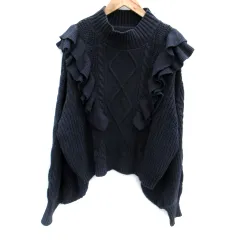 ヘザー Heather ニット セーター 長袖 ハイネック ケーブル編み フリル F 紺 ネイビー /SM10