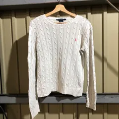 1227 RALPH LAUREN セーター ホワイト M ラルフローレン ニット ケーブル編み コットン ワンポイント 刺繍ロゴ ポロポニー 古着卸 アメリカ仕入