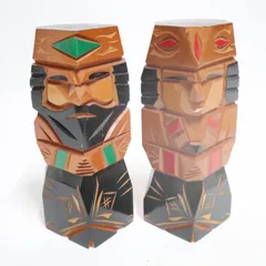 アイヌ 木彫 置物 人物像 ペア 北海道 民芸 木製 彫刻 無銘 工芸品 郷土玩具 民族人形 オブジェ ヴィンテージ 古民芸 2体セット