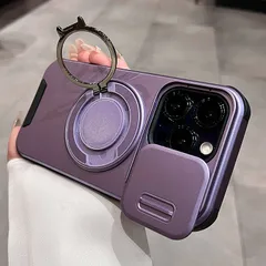 【パープル】アイフォンケース iPhone17 / 16 / 15 / 14 / 13 / 12 / 11 ケース 360度回転スタンド 携帯ケース レンズ保護 iPhone17Pro 17ProMax ケース 耐衝撃 スライド式 カメラカバー@