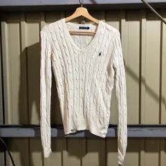 1233 RALPH LAUREN セーター アイボリー S ラルフローレン ニット ケーブル編み ワンポイント 刺繍ロゴ ポロポニー コットン 古着卸 アメリカ仕入