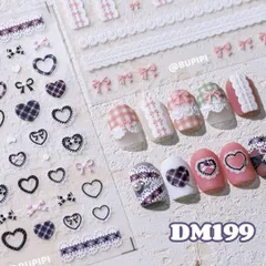 人気 3D ネイルシール リボン ハート レース 蝶結び フラワー チェック柄 ホワイト ピンク ブラック パープル ネイルアート デコ用品 貼る 手作り素材 DM199