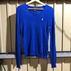 1236 RALPH LAUREN  SPORT セーター ブルー M ラルフローレンスポーツ ニット ウール ワンポイント 刺繍ロゴ ポロポニー 古着卸 アメリカ仕入