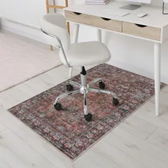 【数量限定】ふわふわ おしゃれ チェアマット 滑り止め 防ダニ ペルシャ風 防臭 オールシーズン適用 軽量 防音マット 70×120cm 室内用 デスクマット 洗える ダイニングマット ラグマット アンティーク 花柄 HAOCOO レッドのサムネイル