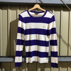 1237 RALPH LAUREN  SPORT セーター パープル ホワイト M ラルフローレンスポーツ ニット コットン ボーダー柄 ワンポイント 刺繍ロゴ ポロポニー 古着卸 アメリカ仕入