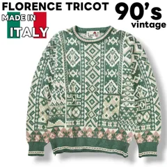 【上質】 90sヴィンテージ イタリア製 FLORENCE TRICOT フローレンス トリコット コットン アクリル混 総柄 デザイン ニット セーター トップス フェアアイル L グリーン メンズ