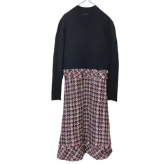 RE277【美品】TO BE CHICトゥビーシック　ドッキングワンピース　ニット　ツィードスカート　黒　赤チェック　レディース　38サイズ　オシャレ　ボトルネック　希少　セレモニー　お祝い