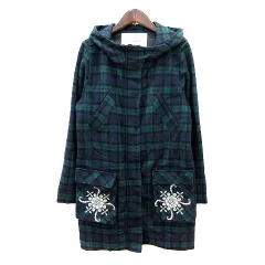 スカラー ScoLar コート ロング チェック 刺繍 総裏地 フード M 緑 グリーン 紺 ネイビー /MN