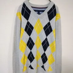 トミーヒルフィガー　ニットセーター　メンズM　美品　薄手　グレー色　アーガイル柄