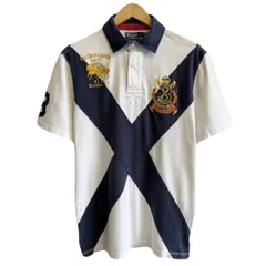 POLO RALPH LAUREN ポロ ラルフローレン CUSTOM FIT ラガーシャツ 半袖 ダブルポニー ポロシャツ ワッペン 刺繍 白×紺 Mサイズ No.G291