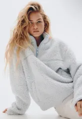 新品) H&M エイチ・アンド・エム ジップ トップス テディ スウェットシャツ - ライト ブルー XS