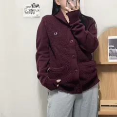 正規品 フレッドペリー バーガンディ 編み 厚手 ウール カーディガン M