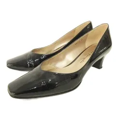 銀座かねまつ GINZA Kanematsu パテント パンプス スクエアトゥ ローヒール 24㎝ 黒 ブラック ■YHS7