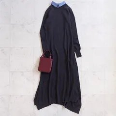 美品【ランバンオンブルー】アシメヘムスリットニットワンピース サイズ38 ダークグレー つけ襟 ウール