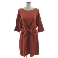 23区 オンワード樫山 ワンピース ボートネック 長袖 ミディ丈 リボン ウエストゴム ピーチスキン地 ブラウン系 赤茶 44 大きいサイズ