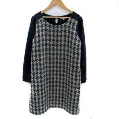 グローブ grove ワンピース ひざ丈 長袖 ラウンドネック ツイード 切替 L マルチカラー 紺 ネイビー グレー /SM7