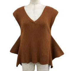 ロイヤルパーティー ROYAL PARTY カットソー ニット Vネック プルオーバー リブ ノースリーブ 無地 F 茶 ブラウン