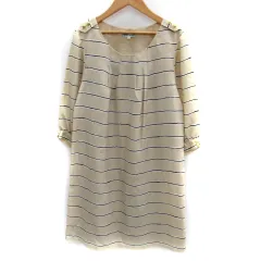 シューラルー SHOO・LA・RUE ワンピース ひざ丈 七分袖 ラウンドネック ボーダー柄 L マルチカラー ベージュ 黒 ブラック /SM7