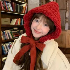 かわいい 赤ずきん風 ニット帽 レディース 秋冬 耳あて付き 防寒 もこもこ 帽子