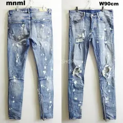 mnml　ミニマル　サイドジップ　クラッシュ スキニーデニム　W90cm / W32 / L　ストレッチ　ブリーチ　ライトブルー　メンズ