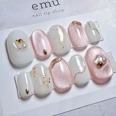 855【ベリーショート】ネイルチップ ミラー×パール　ぷっくりネイル　オーロラ 855【ベリーショート】ネイルチップ ミラー×パール ぷっくりネイル