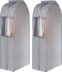 【在庫処分】2枚組 ジャケット ロングコート ロングサイズ ワンピース ドレス ワイド 保管 洋服カバー 不織布 マチ付き 衣装カバー スーツカバー グレー クローゼット 吊り下げ収納 透明窓 衣類カバー 防虫剤ポケット付き 底閉じタイプ アストロ まとめて収