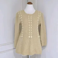 日本 ヴィンテージ) 森ガールst リボンレース ハチリブ編み ケーブル ラブリー 엑팜깔 長袖ニット