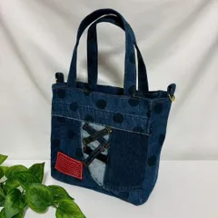 デニムリメイクバッグ ハンドバッグ 2way 蝶ワッペン ドット 水玉 ミニ