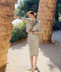 ルーハ a17h ハウンドトゥース ミントチェック ウールニットセット (カーディガン+ONE PIECE)