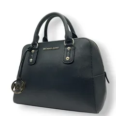 【美品】MICHAEL KORS マイケルコース ハンドバッグ サッチェルバッグ ドーム型 自立可 PVC サフィアーノレザー ブラック ゴールド金具 MKロゴチャーム レディース エレガント ビジネス 人気モデル クリーニング済み s56